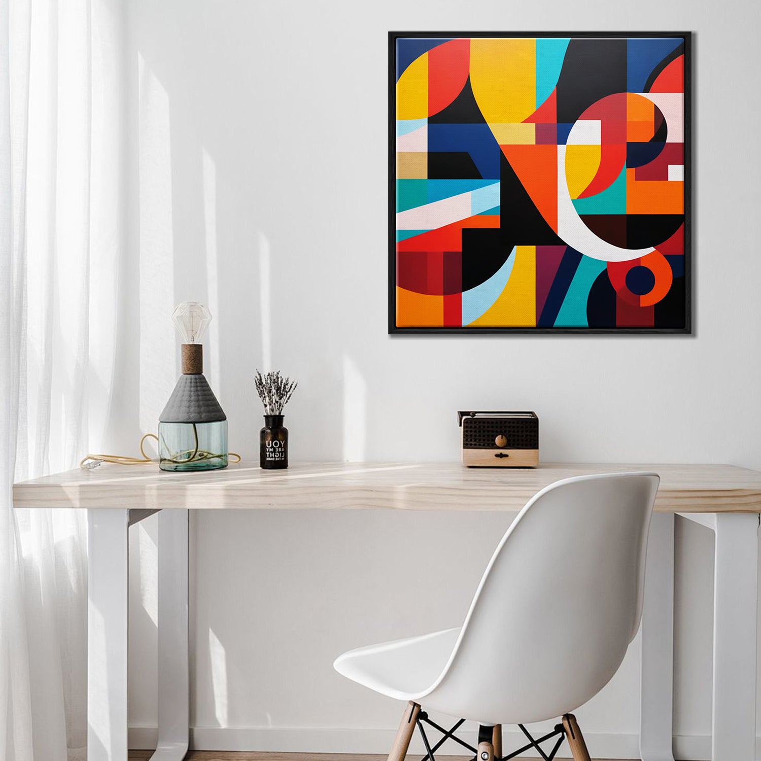 black frame abstract colorful geometric wall art canvas abve the table