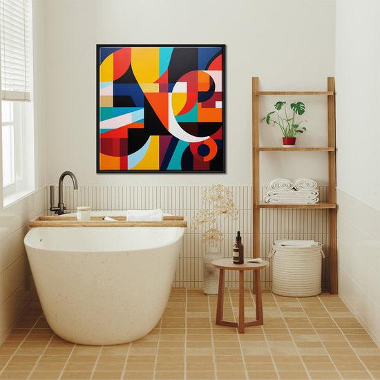black frame abstract colorful geometric wall art canvas in the bathroom