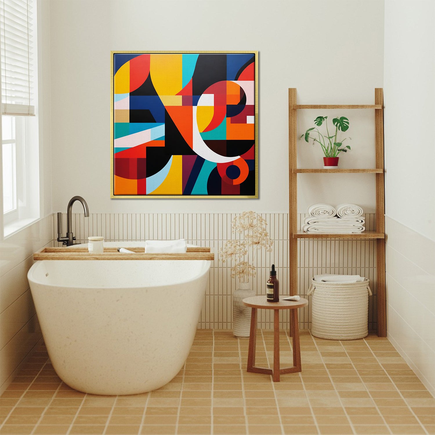 gold frame abstract colorful geometric wall art canvas in the bathroom