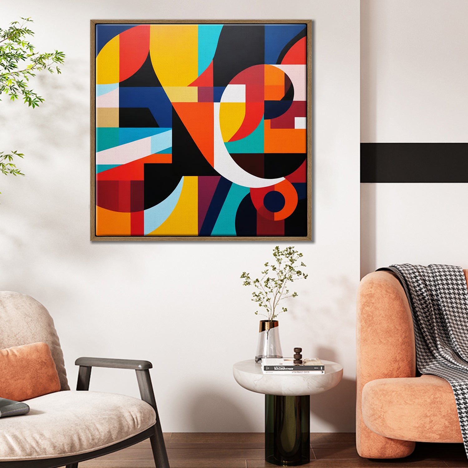 light oak color frame abstract colorful geometric wall art canvas in the living room