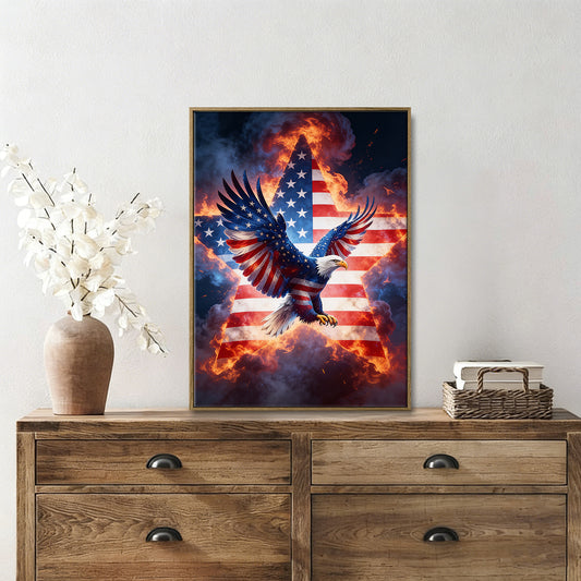 Patriotic Bald Eagle with Flaming Star Canvas Wall Art Framed, Light Oak Frame, USA Flag Themed Decor, 4th of July Gift for Veterans & Patriotic Home