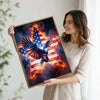 Patriotic Bald Eagle with Flaming Star Canvas Wall Art Framed, Light Oak Frame, USA Flag Themed Decor, 4th of July Gift for Veterans & Patriotic Home