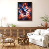 Patriotic Bald Eagle with Flaming Star Canvas Wall Art Framed, Light Oak Frame, USA Flag Themed Decor, 4th of July Gift for Veterans & Patriotic Home