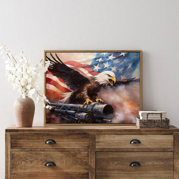 Light Oak Framed Bald Eagle American Flag Art, 4th of July Independence Day Canvas Wall Decor, Ready to Hang Patriotic Home Artwork