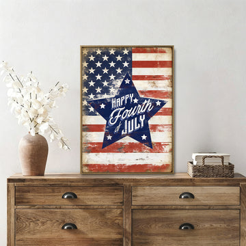 Rustic American Flag Star Wall Decor, Happy Fourth of July Framed Canvas, 4th of July Patriotic Gift for Home & Independence Day Celebration