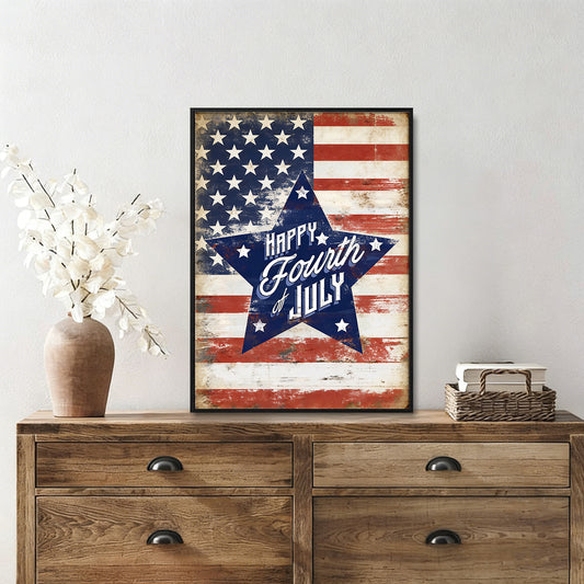 Rustic American Flag Star Wall Decor, Happy Fourth of July Framed Canvas, 4th of July Patriotic Gift for Home & Independence Day Celebration