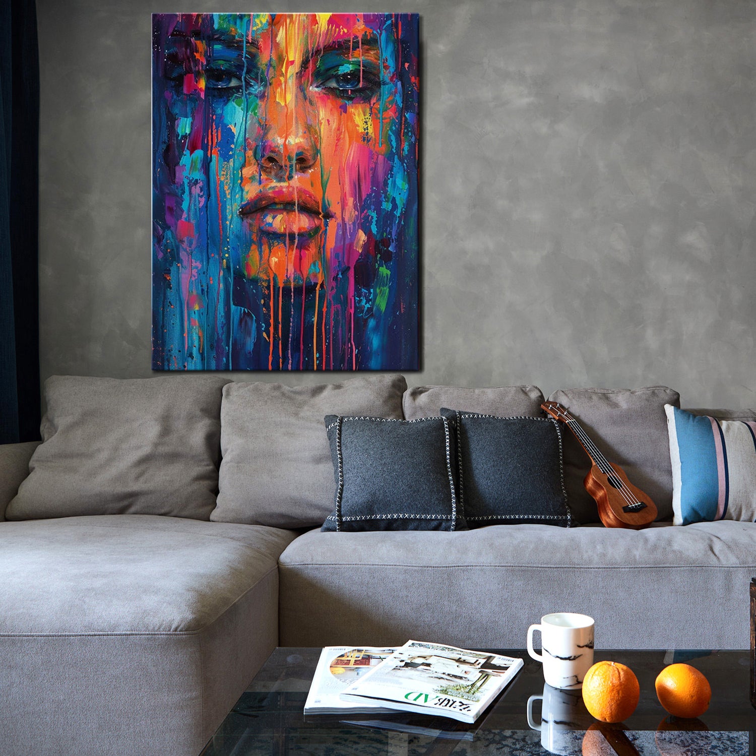 abstract beautiful woman wall art painting above the sofa