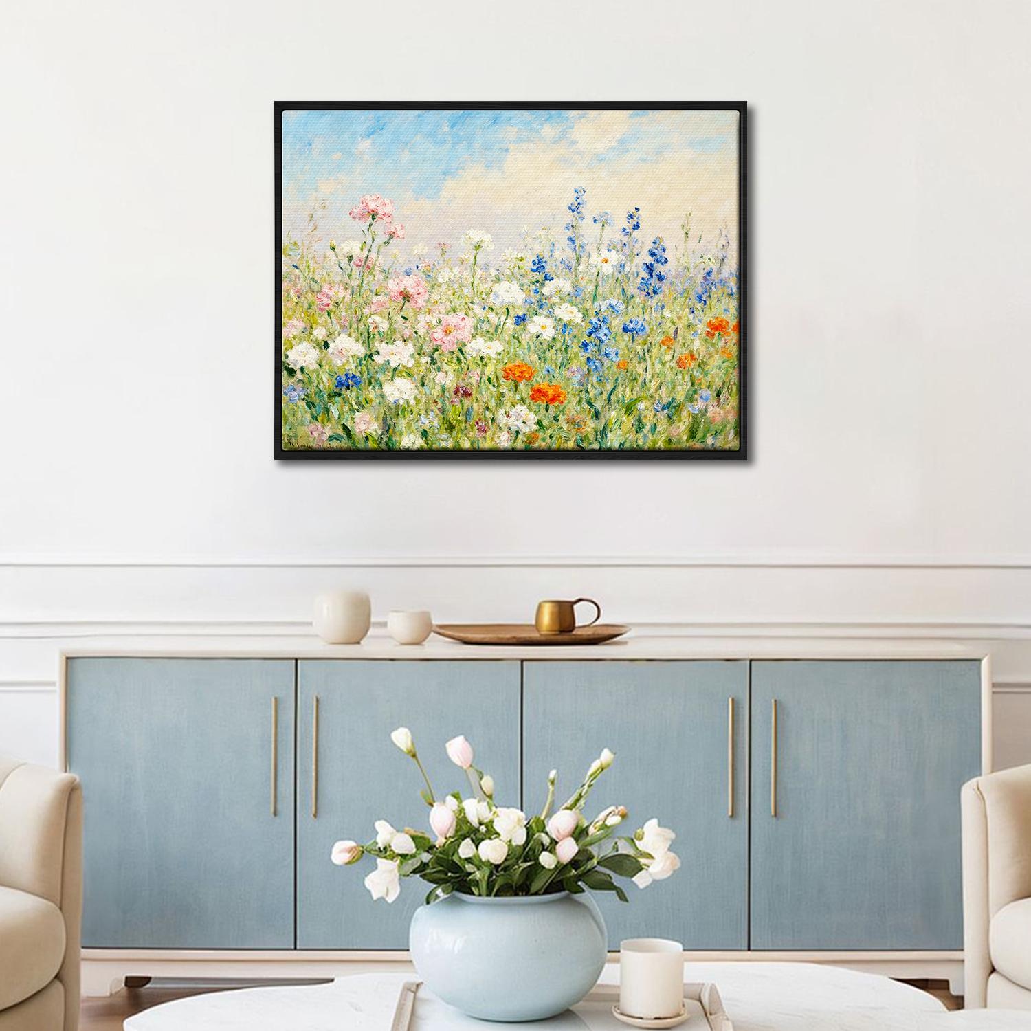 black frame wall art canvas painting depicts a gorgeous sea of ​​flowers
