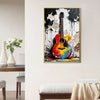 gold frame wall art canvas colorful guitar art painting hangs on the wall of room