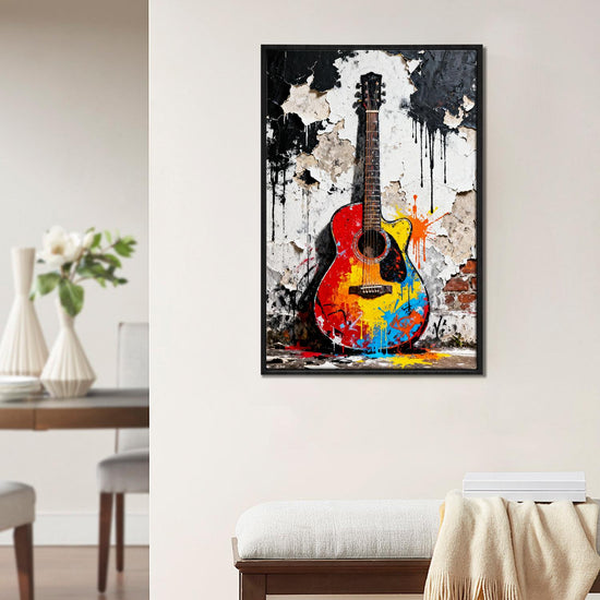 black frame wall art canvas colorful guitar art painting hangs on the wall of room