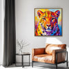 light oak color frame wall art canvas painting depicts a vibrantly colored leopard.