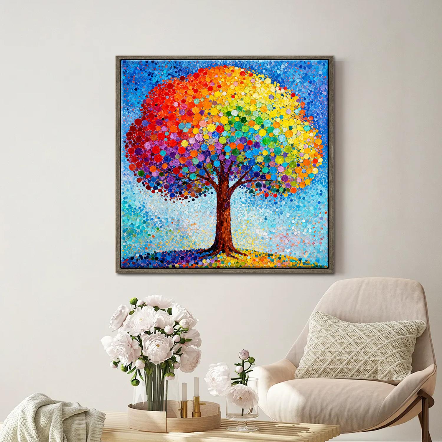 coffee frame wall art painting shows a colorful rainbow tree