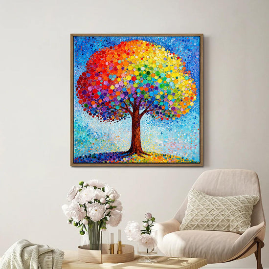 light oak color frame wall art painting shows a colorful rainbow tree