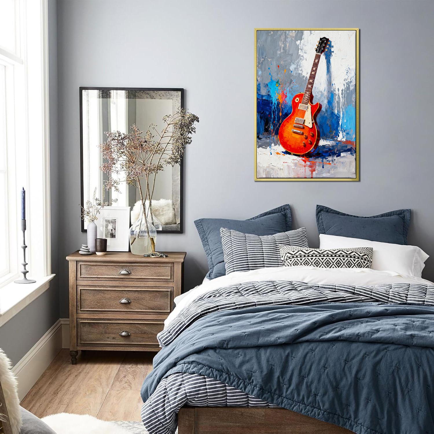 gold frame art canvas painting showing a colorful electric guitar