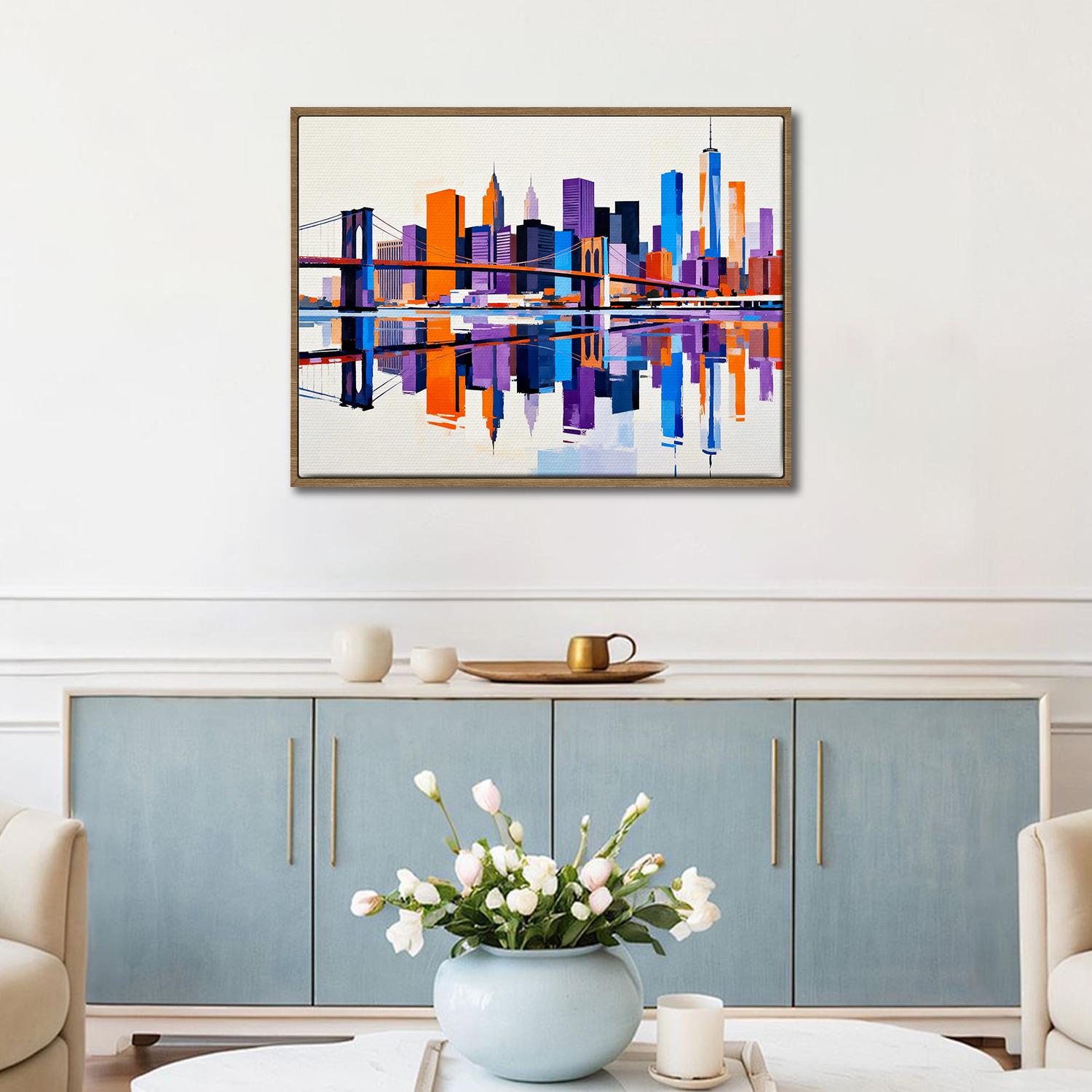 light oak color frame wall art canvas painting depicts city skylines
