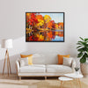 black frame wall art painting of an autumn lakeside hangs on a simple and bright interior wall