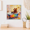 white frame wall art canvas in the children room depicts a brown bear taking a bath in a colorful bathtub