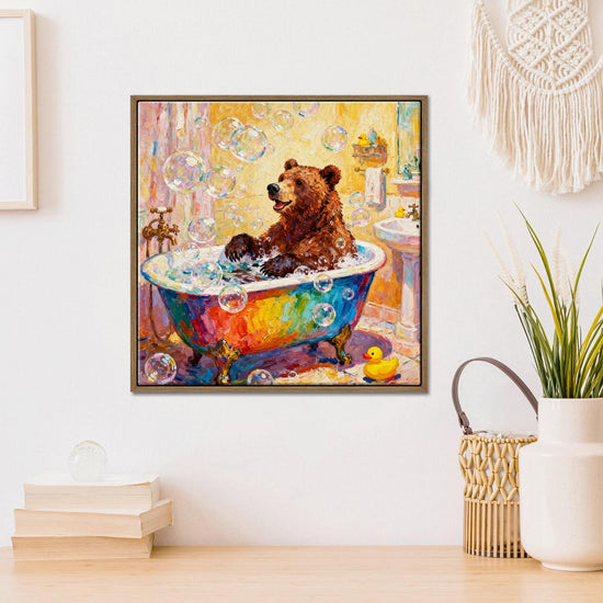 light oak color frame wall art canvas in the children room depicts a brown bear taking a bath in a colorful bathtub
