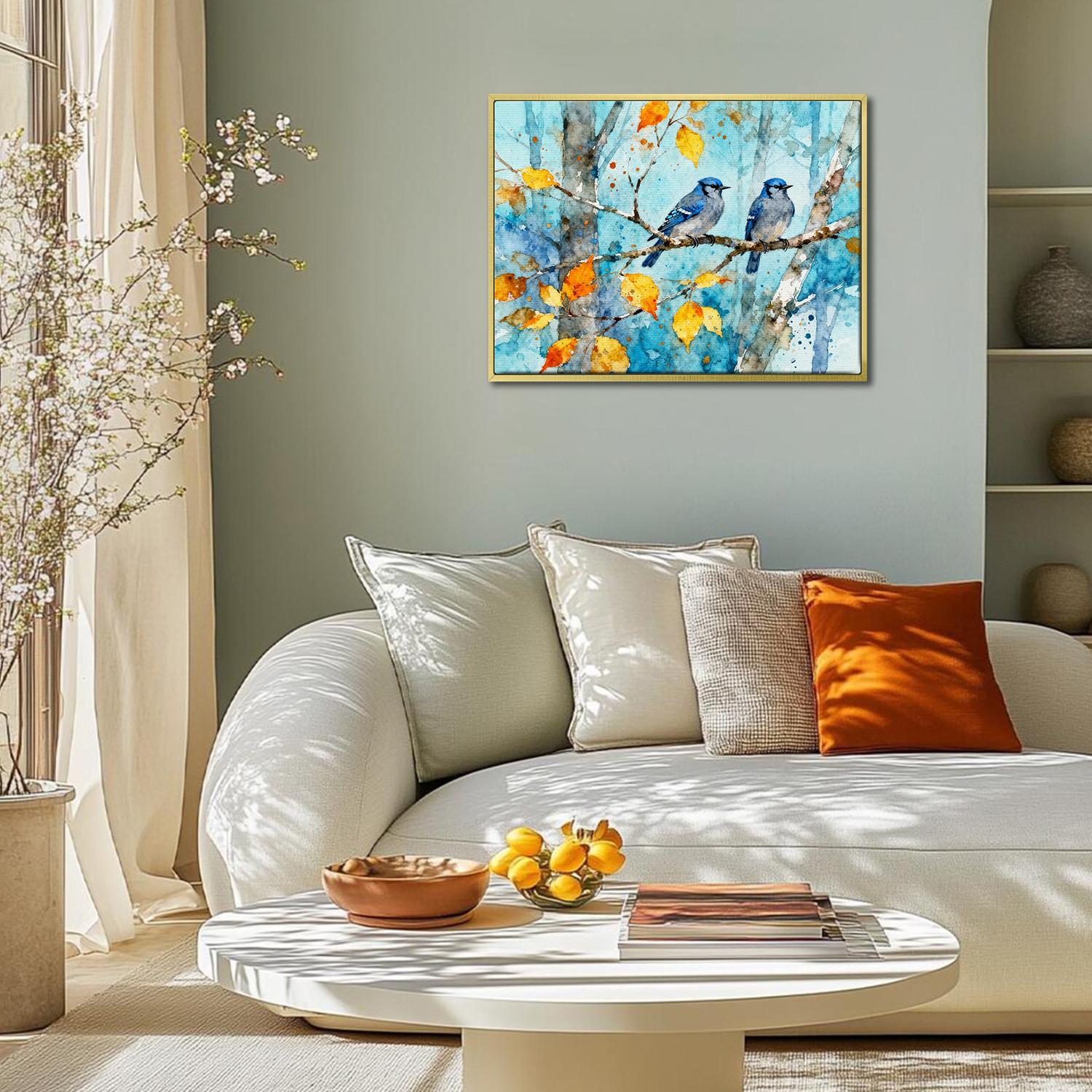 gold frame wall art canvas showing two bluebirds perched on a branch
