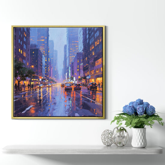 a gold frame wall art painting showing the bustling city streets on a rainy night hangs on the wall of a warmly decorated room