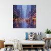 a wall art painting showing the bustling city streets on a rainy night hangs on the wall of a warmly decorated room