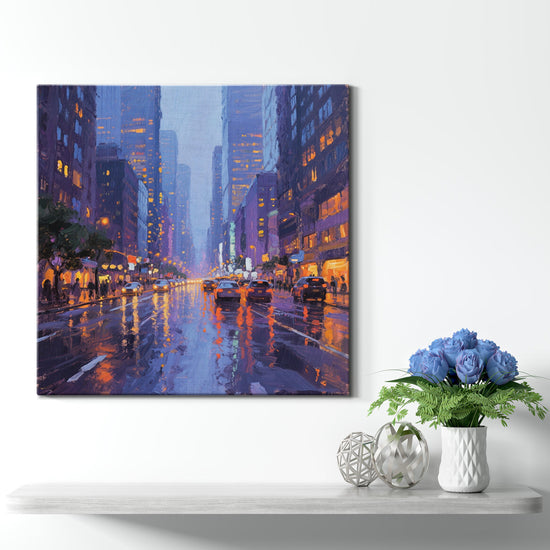 a wall art painting showing the bustling city streets on a rainy night hangs on the wall of a warmly decorated room