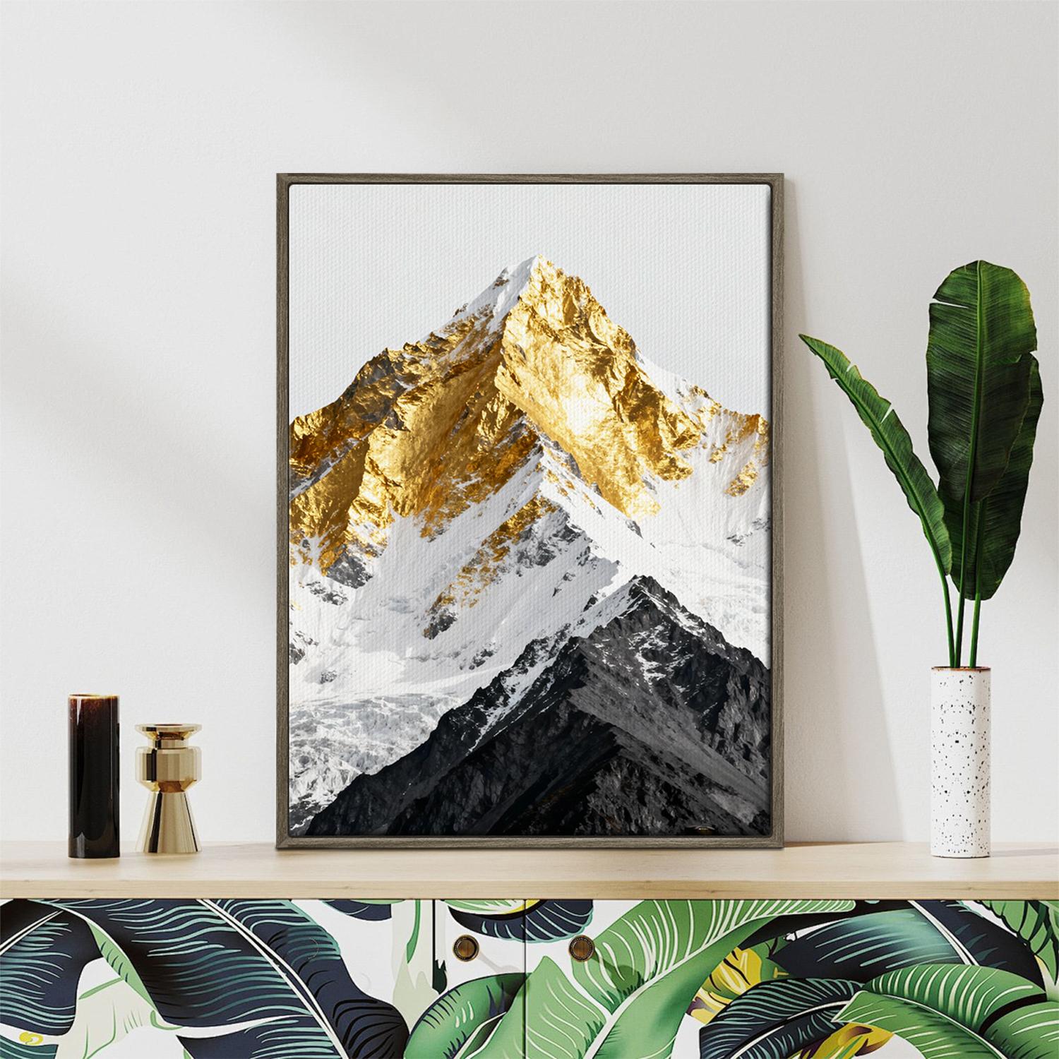 coffee frame wall art canvas shows a snowy mountain with its summit covered in gold