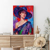 wall art painting of a lady's portrait hanging on a white wall in a room