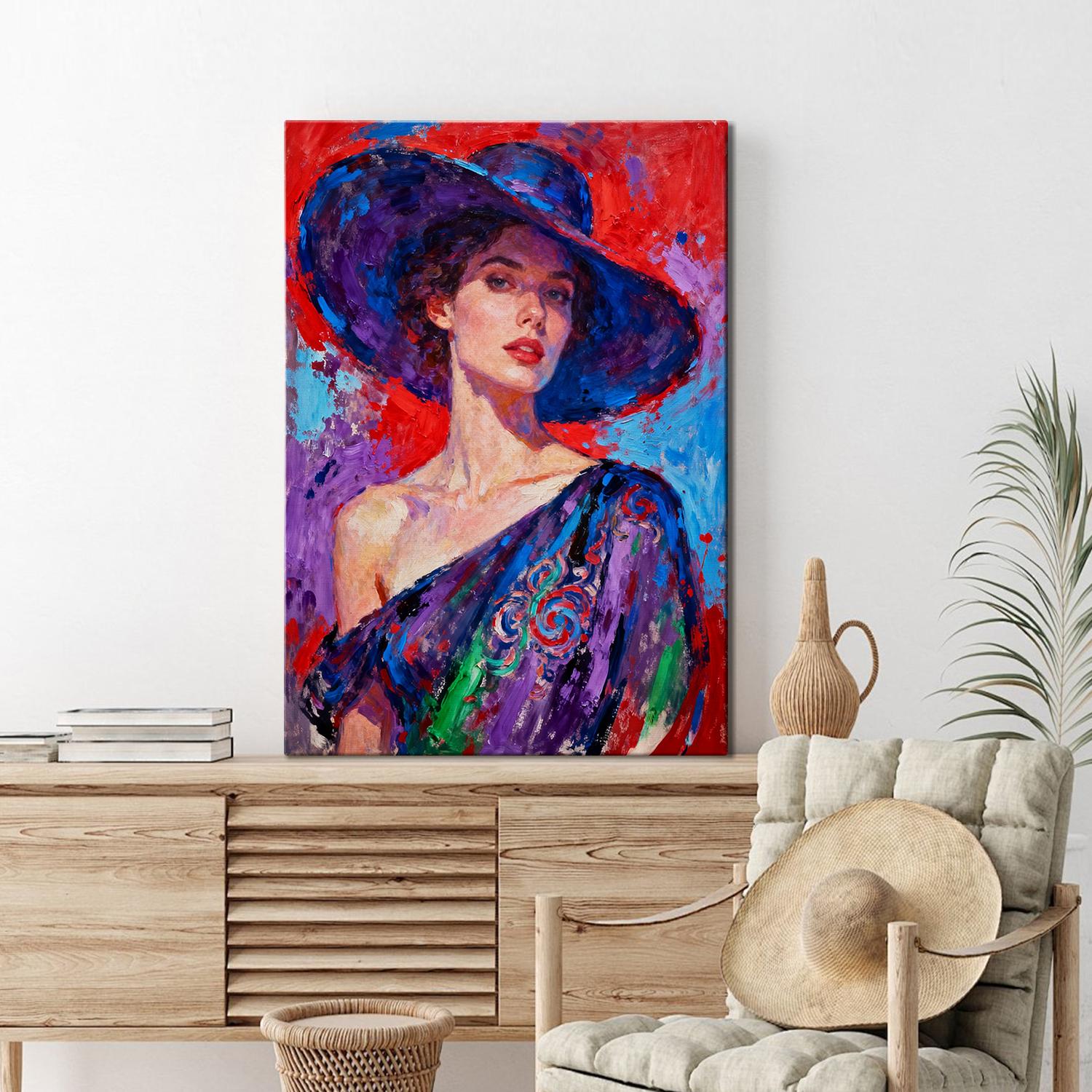 wall art painting of a lady's portrait hanging on a white wall in a room