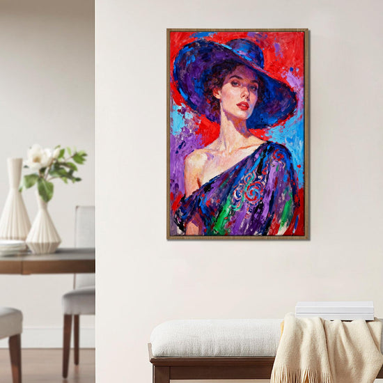 light oak color frame wall art painting of a lady's portrait hanging on a white wall in a room