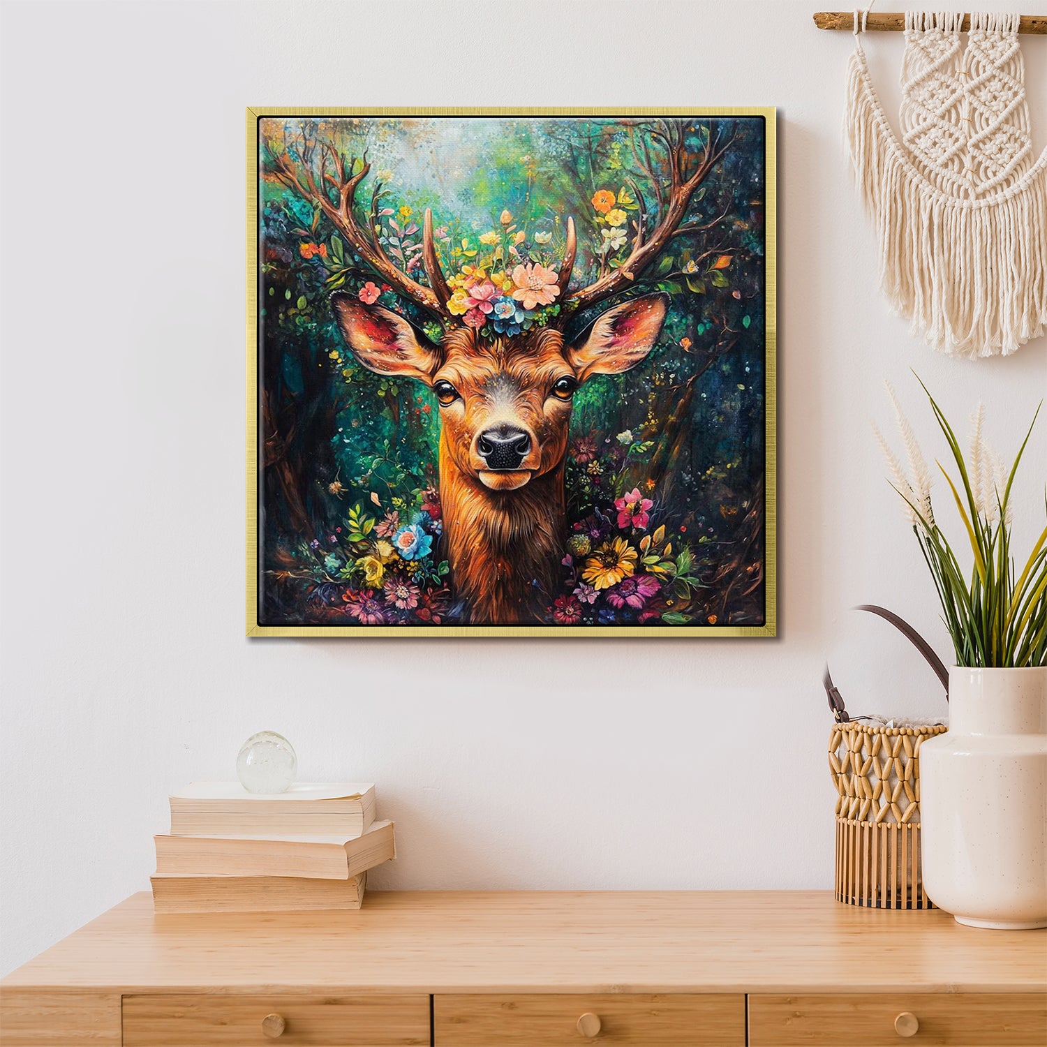 gold frame deer wall art decor painting above the table