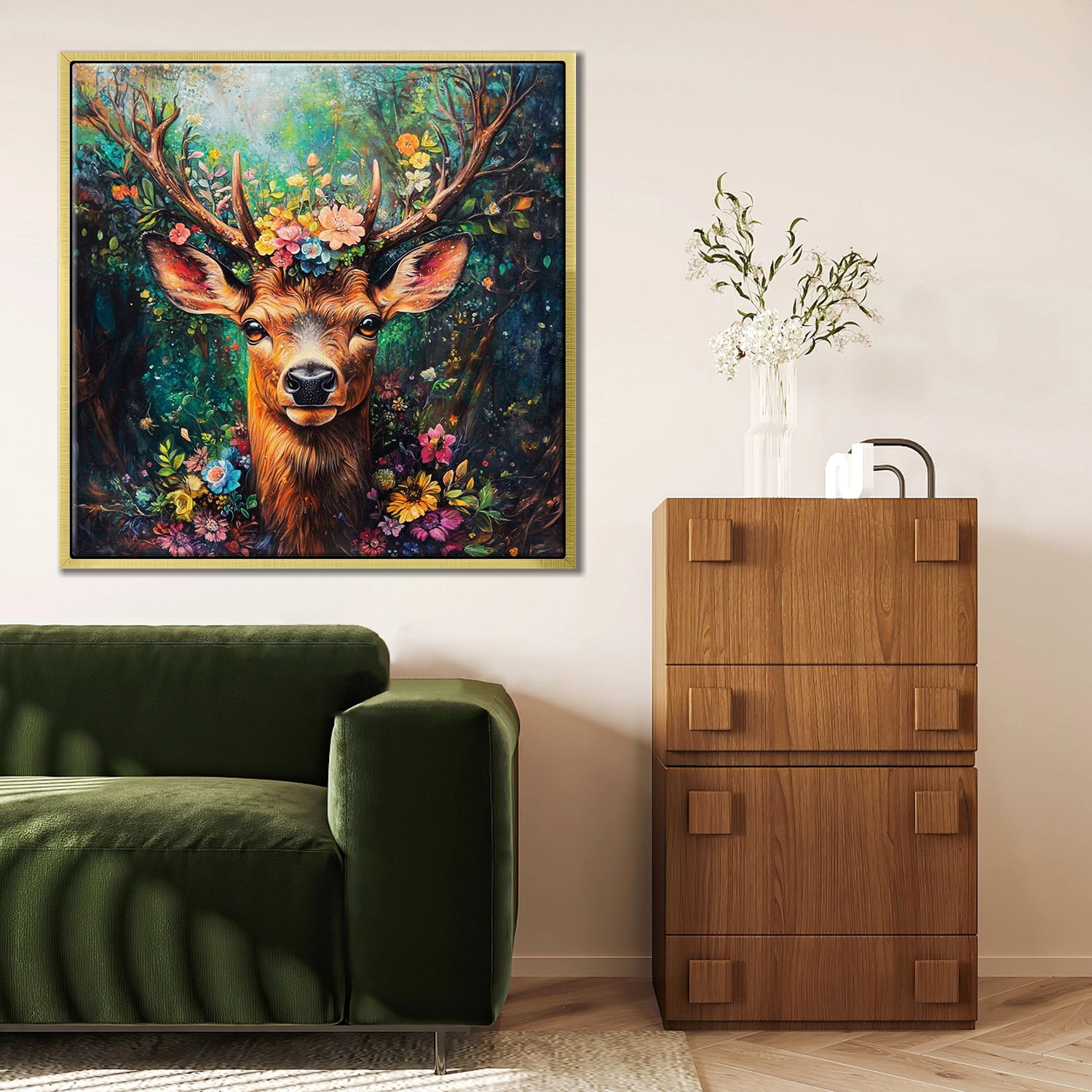 gold frame deer wall art decor painting in the living room