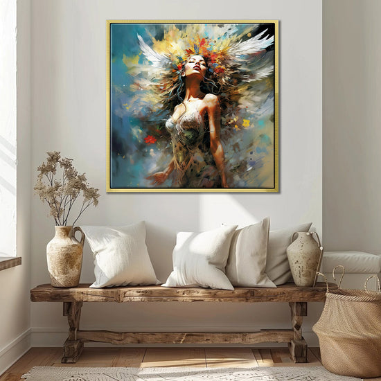 gold frame flower goddess wall art painting in the living room