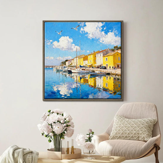 coffee frame wall art canvas painting depicts a bright harbor scene in a seaside town