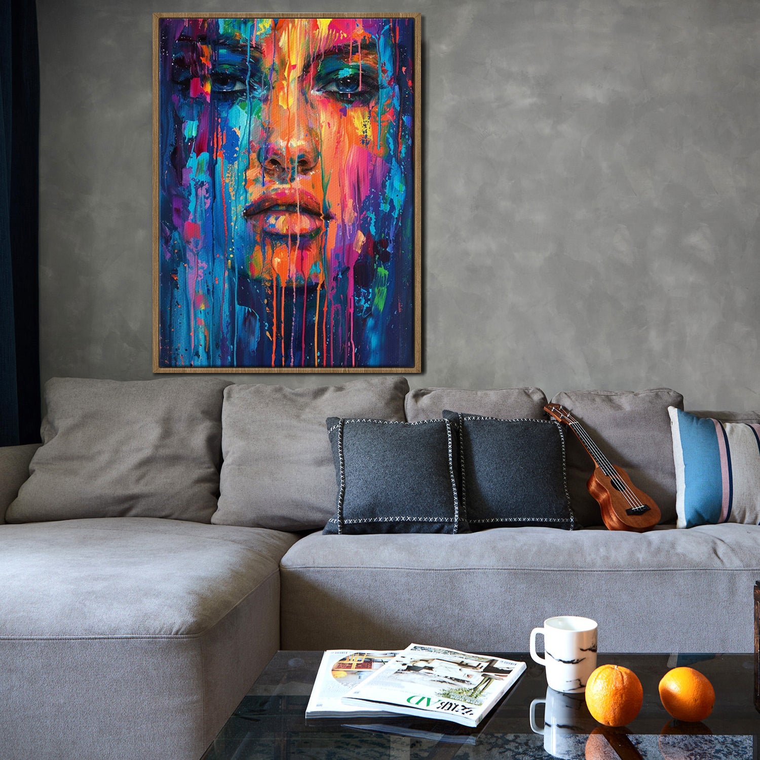light oak frame abstract beautiful woman art canvas above the sofa