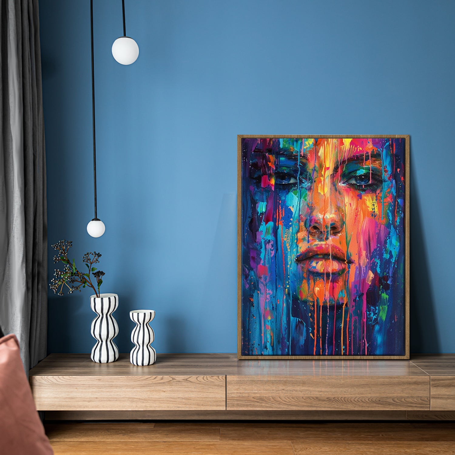 light oak frame abstract beautiful woman art canvas on the table