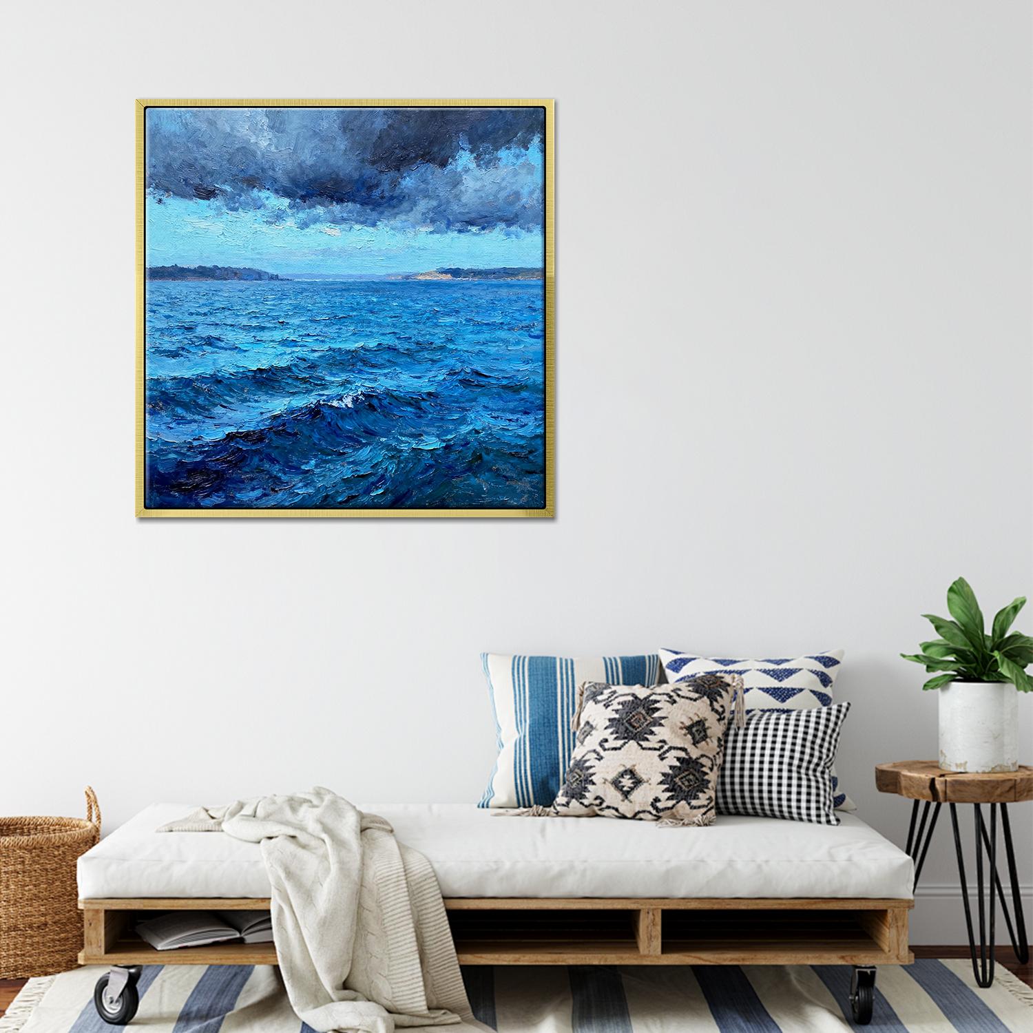 gold frame wall art canvas painting depicts rough sea scene