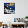 coffee frame wall art canvas painting shows the scene of a lighthouse at the seaside illuminating the surging waves at night.