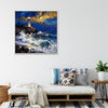 white frame wall art canvas painting shows the scene of a lighthouse at the seaside illuminating the surging waves at night.