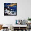black frame wall art canvas painting shows the scene of a lighthouse at the seaside illuminating the surging waves at night.