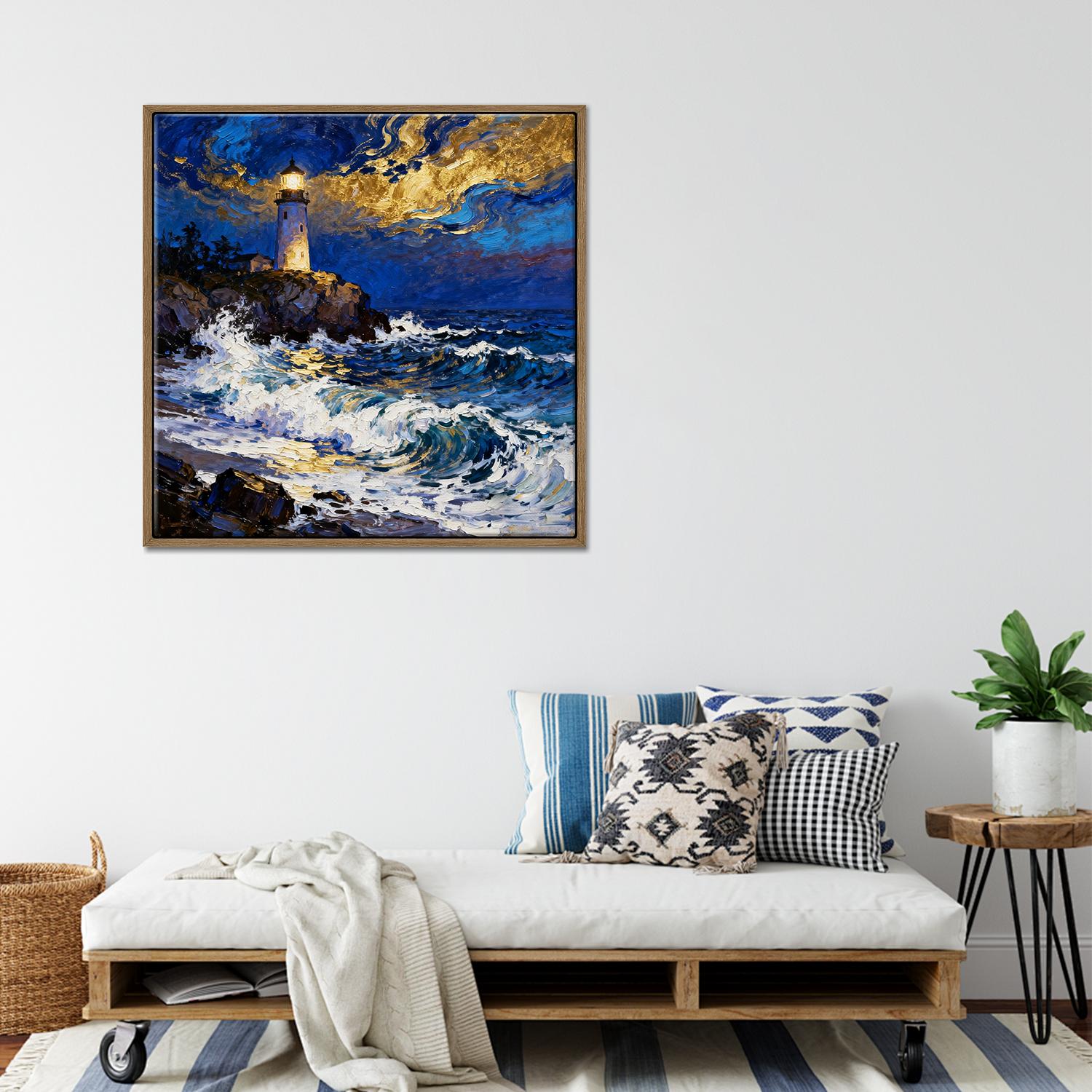 light oak color frame wall art canvas painting shows the scene of a lighthouse at the seaside illuminating the surging waves at night.