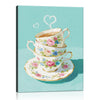 wall art canvas painting depicts stacked floral teacups