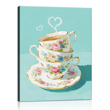 wall art canvas painting depicts stacked floral teacups