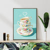 coffee frame wall art canvas painting depicts stacked floral teacups