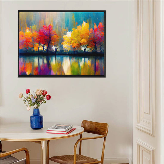 black frame abstract trees and reflection wall art canvas above the table