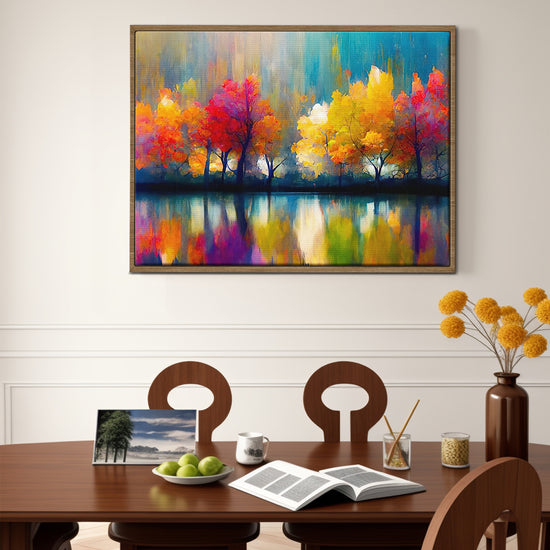 light oak color frame abstract trees and reflection wall art canvas in the living room
