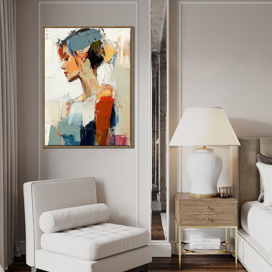 light oak color frame wall art women painting above the sofa