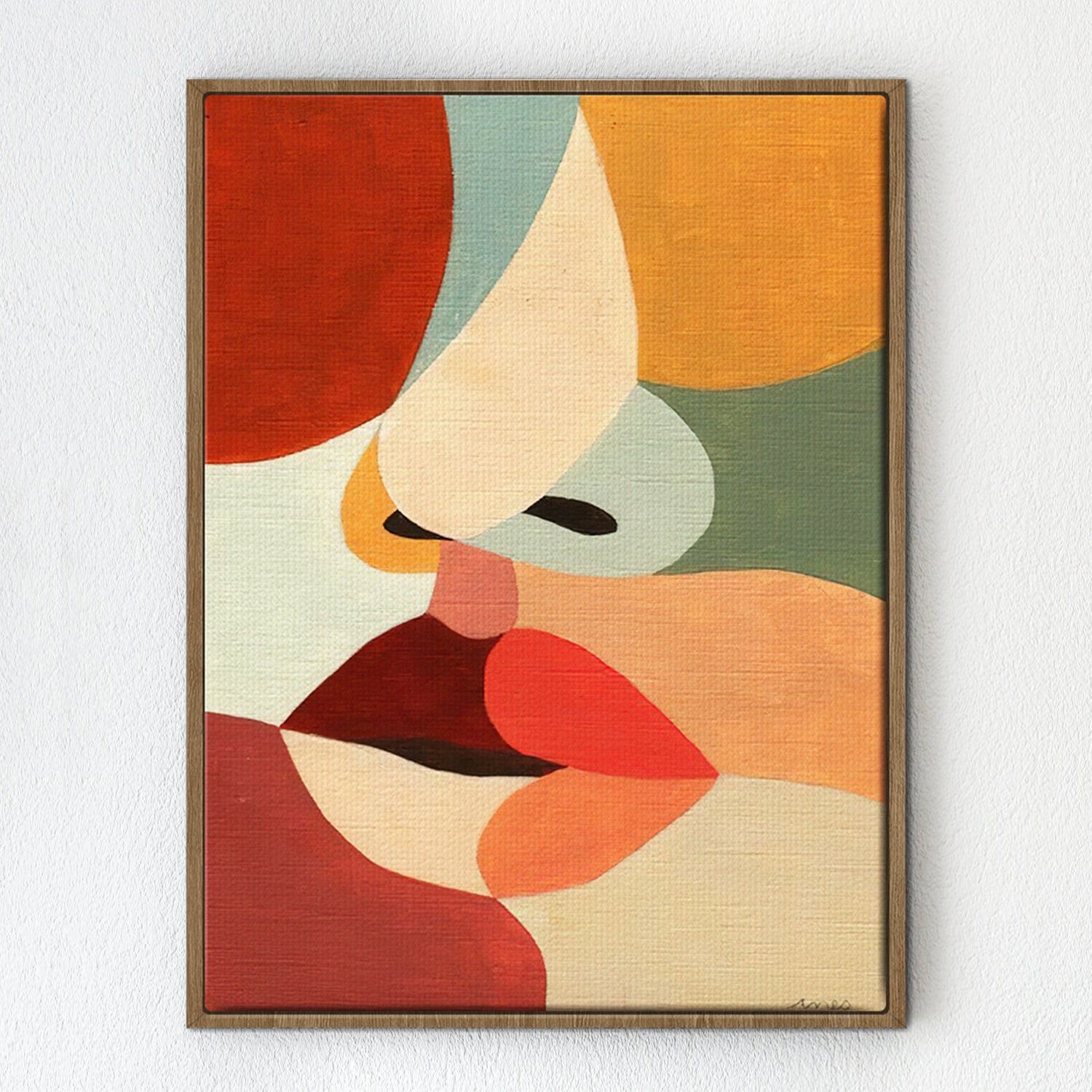 wall art canvas,abstract human face painting, light oak brown frame