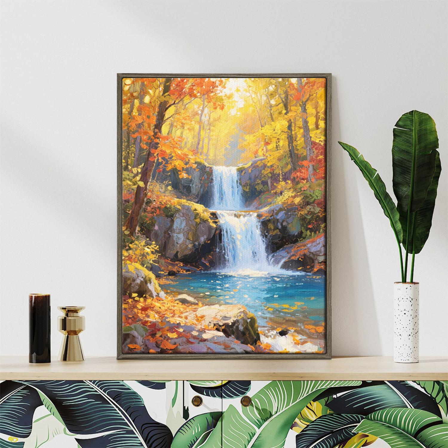 coffee frame canvas wall art canvas painting depicting the beauty of a waterfall flowing through a colorful forest in autumn.
