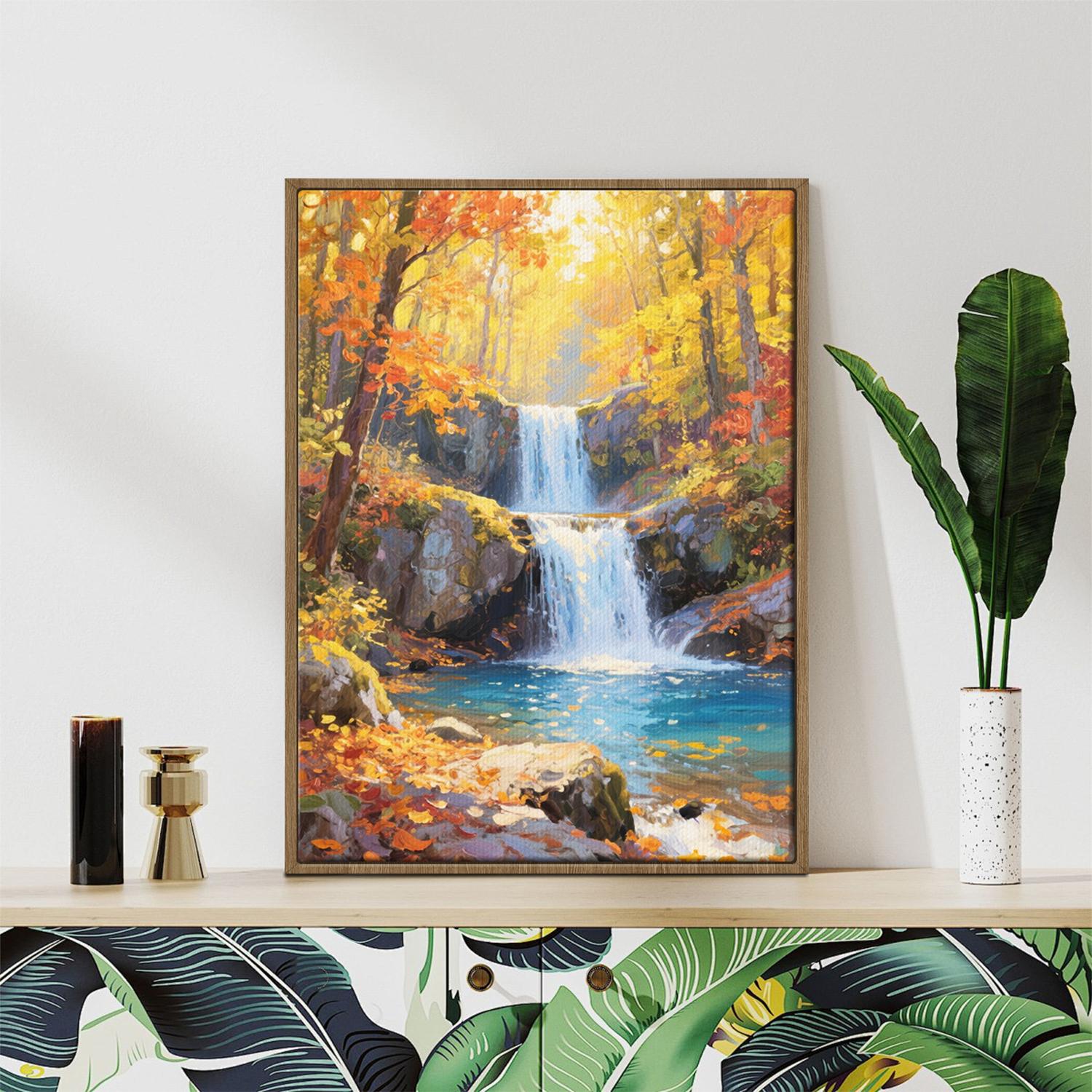 light oak color frame canvas wall art canvas painting depicting the beauty of a waterfall flowing through a colorful forest in autumn.